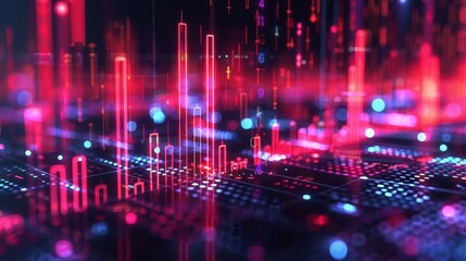 Obraz premium Holographic stock decline, virtual business crisis, futuristic price drop, neon digital interface