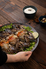 Soy sauce marinated crab and ingredients on the table