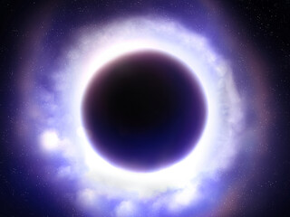 Supermassive black hole. Halo of light around singularity. Source of gravitational waves. Event horizon, wormhole.