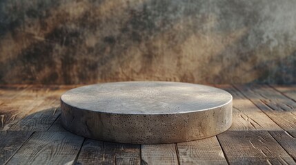 A large, round stone slab sits on a wooden floor