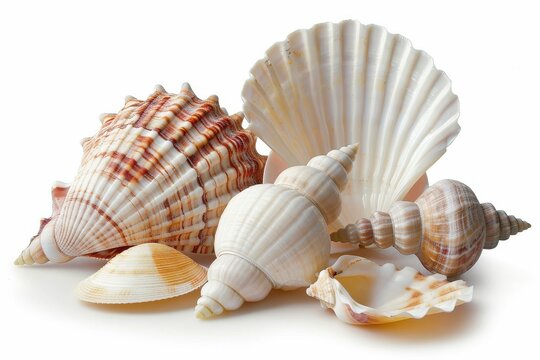 Assortment of seashells in different shapes and sizes, isolated on white background