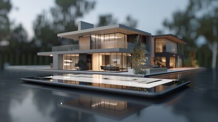 Obraz premium a modern tablet with a 3d render of a modern luxury home, coming out of the screen onto the table 