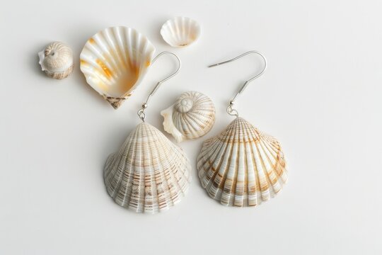 Pair of shell earrings with delicate design, isolated on white background
