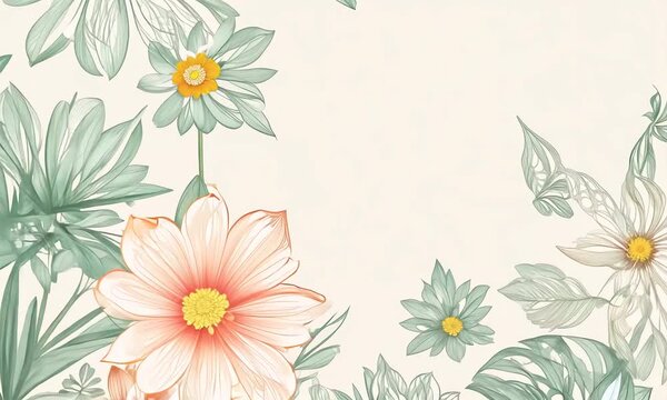 Delicate Floral Border: Watercolor-inspired floral border with pale pink and yellow flowers, green leaves, and a soft cream background. Perfect for invitations, cards, and stationery.