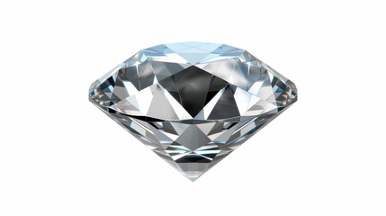 Glistening roundcut diamond with sharp clarity, beautifully rendered in 3D against a  white backdrop. A true gem