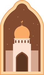 Minimalist illustration of a mosque building with golden dome at night with stars