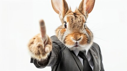 Fototapeta premium Happy rabbit dressed in a business suit pointing forward
