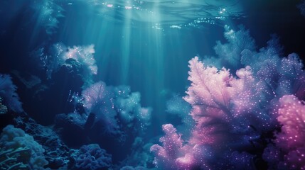 Fototapeta premium Enchanting underwater coral forest illuminated by ethereal light beams. Concepts of marine beauty, ocean exploration, and vibrant aquatic ecosystems.