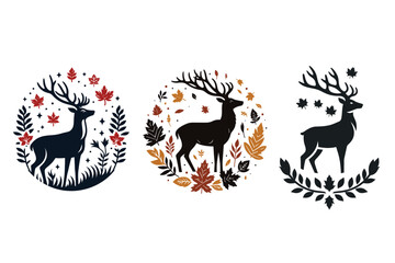 Set of three black silhouette deer heads, floral illustrations with antlers color background