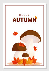 Autumn postcard with mushrooms with the inscription hello, autumn. Autumn, harvest, nature, vegetables. Vector illustration. A postcard, a cover, an invitation.