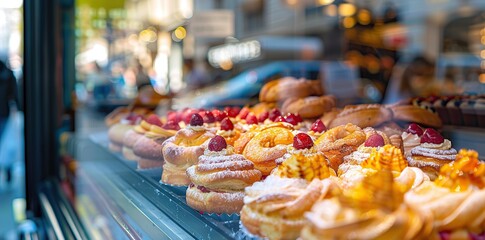 Fototapeta premium Colorful French pastries and buns on display in a bakery window