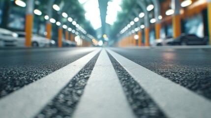 Modern underground parking garage with bright lighting and clear lane markings at daytime.