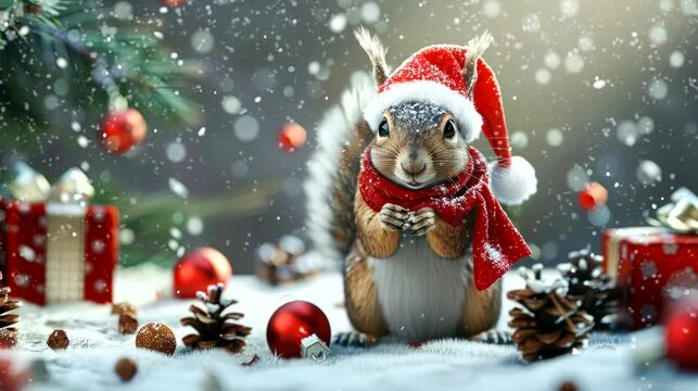 a festive wallpaper featuring cute squirrel dressed in Santa hats and scarves, christmas decoration tree. seamless looping time-lapse virtual 4k video animation background