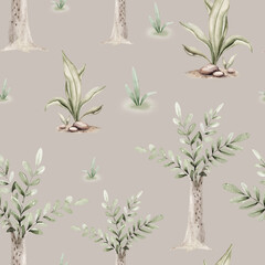 Watercolor dinosaur seamless pattern. Hand painted cute dinosaurs, tropical palm tree, jungle leaves, mountains. Dino illustration for design, wallpaper, scrapbooking