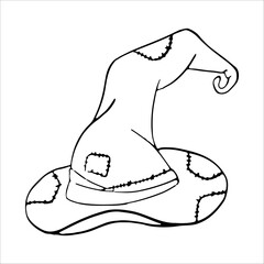 Witch hat Halloween contour doodle. Party line magic hats, horror wizard headdress celebrate element. Scary cap with buckle. Design symbol costume element Halloween. Isolated vector illustration.