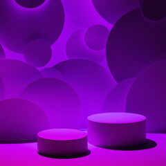 Abstract scene for presentation cosmetic products mockup - two round cylinder podiums in gradient purple violet glowing light, circles as geometric decor. Template for showing in neon disco style.