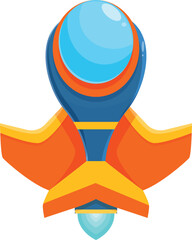 Cartoon spaceship flying in the sky with the engine ignited