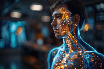 3D human body model with highlighted diseased organ or system.