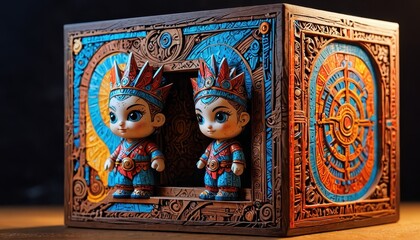 Ornate Wooden Box with Two Figurines.