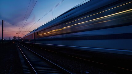 Fototapeta premium Fast Train at Night: High-Speed Motion and Blurred Lights Create a Dynamic Nighttime Scene. Captivating Urban Transport and Nighttime Atmosphere