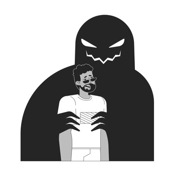 recommend clip art: Psychological manipulation black and white 2D illustration concept. Abuse victim guy african american adult frightened outline character isolated. Nightmare evil metaphor monochrome vector art