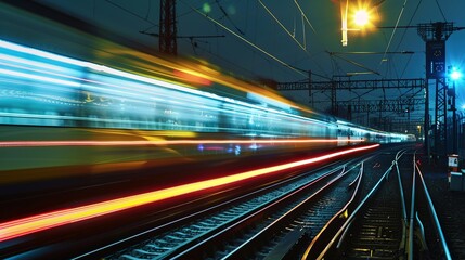 Fototapeta premium Fast Train at Night: High-Speed Motion and Blurred Lights Create a Dynamic Nighttime Scene. Captivating Urban Transport and Nighttime Atmosphere