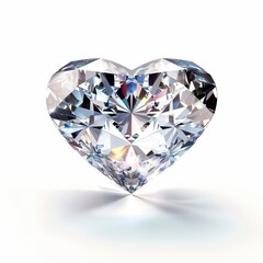 Fototapeta premium A sparkling heart-shaped diamond, radiantly lit and centered against a stark white background. 