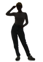 Silhouette of young Asian woman in cap on white background