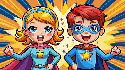 Pop art comic book style Wow couple. Surprised little girl and happy boy dressed like superheroes with open mouths show power and in retro pop art comic style. Invitation poster © Anastasia