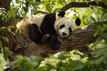 Fototapeta premium Sleeping Panda Bear Resting on Tree Branch