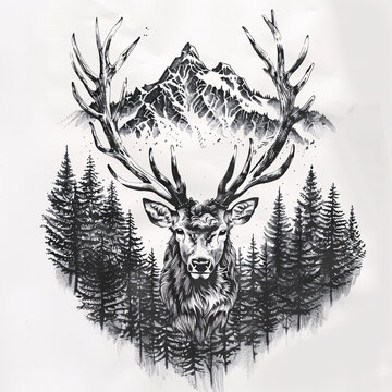 Detailed pencil drawing of a deer head with antlers emerging from a dense forest of conifer trees with a mountainous backdrop, featuring intricate wildlife and nature elements in a black and white tat