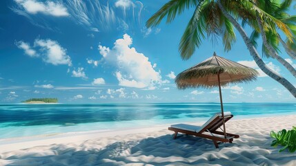 Obraz premium Paradise Beach with Palm Trees and Lounger