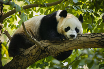 Fototapeta premium A Sleeping Giant Panda Resting on a Tree Branch