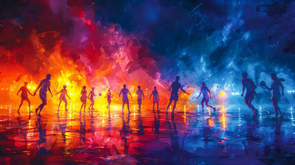 Obraz premium Illuminated Excitement: Vibrant Watercolor Korfball Game Under Stadium Lights
