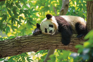 Obraz premium A Relaxed Panda Bear Napping on a Tree Branch