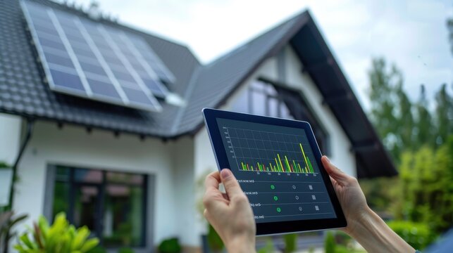 A person is holding a tablet in front of a house with a solar panel on the roof