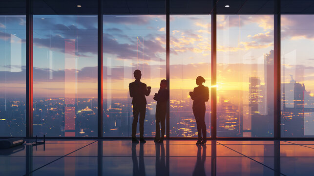 Employees standing by large office windows with coffee cups, enjoying the cityscape view and morning sunlight, bottom third copy space. Harmony, Responsibility, Jo