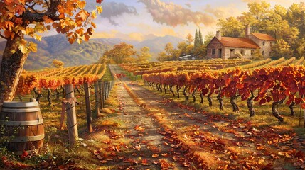fall vineyard, rows of grapevines with colorful autumn leaves, a quaint stone farmhouse in the...