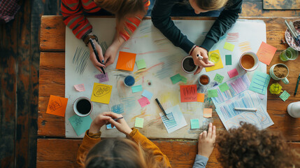 Obraz premium Employees with coffee cups, jotting down ideas on a shared whiteboard, a creative brainstorming session in progress, upper third copy space. Creation, Responsibility, Care