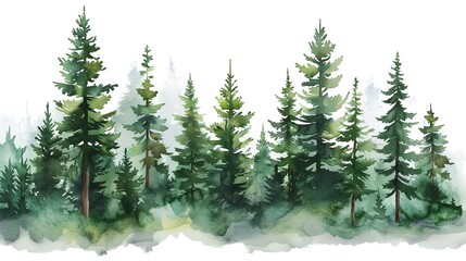 Fototapeta premium Forest Illustration on White Background: Lush Green Trees and Natural Landscape in a Clean and Simple Design.