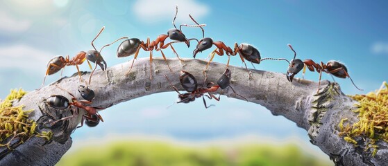 teamwork, team of ants costructing bridge