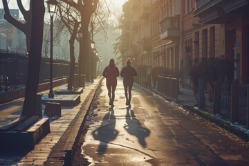 Early morning jog: a couple exercising together on a quiet city street, enjoying the fresh air and physical activity. Ideal for lifestyle and fitness promotions.