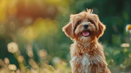 Beautiful happy reddish havanese puppy dog is sitting frontal