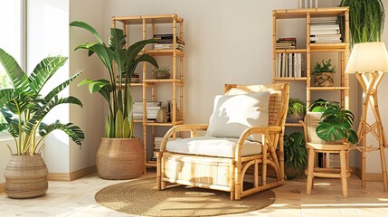 A comfortable living room with a bamboo recliner, bamboo side table, bamboo floor lamp, and a bamboo bookshelf