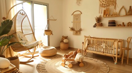 A peaceful nursery with a bamboo cradle, bamboo rocking chair, bamboo shelves filled with toys, and bamboo wall decor