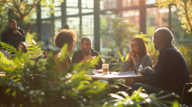 Employees gathered on an outdoor office patio, sipping coffee amidst greenery and fresh air, vibrant morning light, left third copy space. Harmony, Responsibility, Joy
