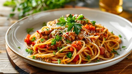 Delicious Spaghetti with Meat Sauce and Parsley.