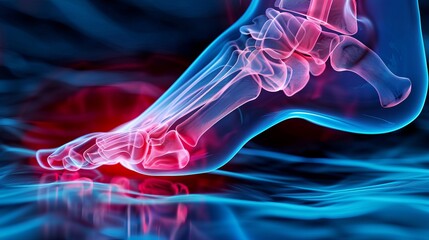 X-Ray Medical Image of Human Foot Highlighting Critical Pain Points and Injuries with Red Areas on Blue Background