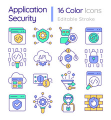 Application security RGB color icons set. Access control. Online threat, malware. Firewall vulnerability. Isolated vector illustrations. Simple filled line drawings collection. Editable stroke
