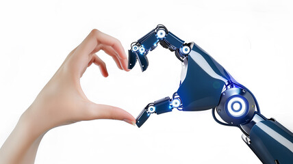 Hands of robot and man in heart shape. Concept of human robot relationships.